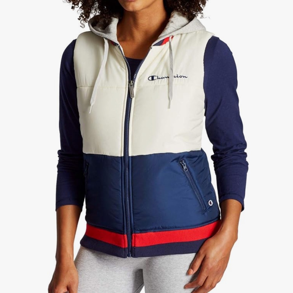 Championstadium Hooded Puffer Vest In Chalk White, Navy & Red